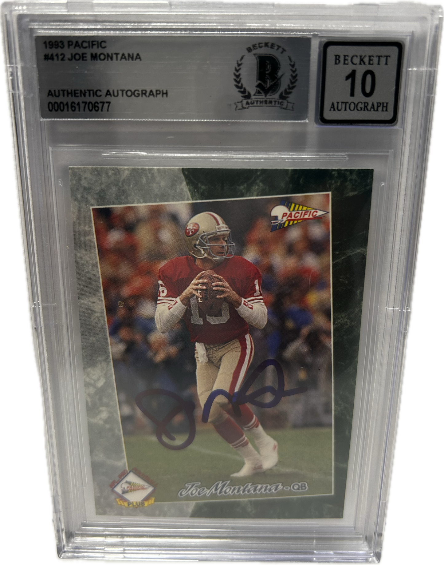 Joe Montana Autographed 1992 Pacific Card #412 San Francisco 49ers Auto Grade Gem Mint 10 Beckett COA SI (SI)
