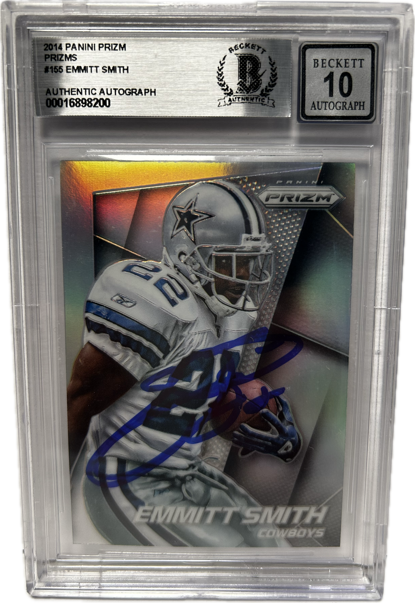 Emmitt Smith Autographed 2014 Panini Prizm Prizms Card #155 Dallas Cowboys Auto Grade Gem Mint 10 Beckett COA (SI)