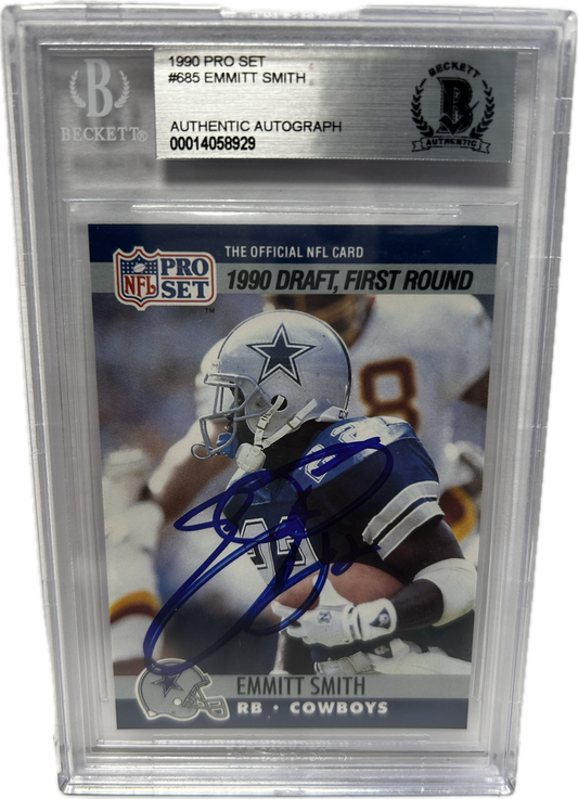Emmitt Smith Autographed 1990 Pro Set Rookie Card #685 Dallas Cowboys Beckett COA SI (SI)