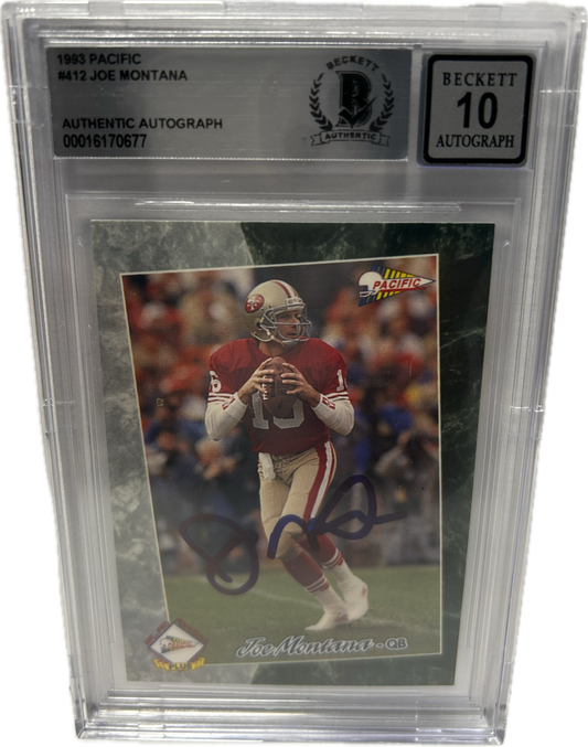 Joe Montana Autographed 1992 Pacific Card #412 San Francisco 49ers Auto Grade Gem Mint 10 Beckett COA SI (SI)