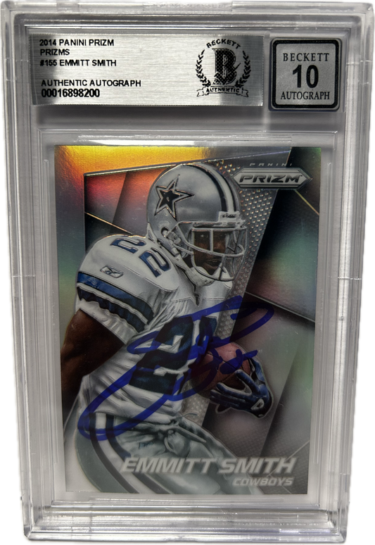 Emmitt Smith Autographed 2014 Panini Prizm Prizms Card #155 Dallas Cowboys Auto Grade Gem Mint 10 Beckett COA (SI)